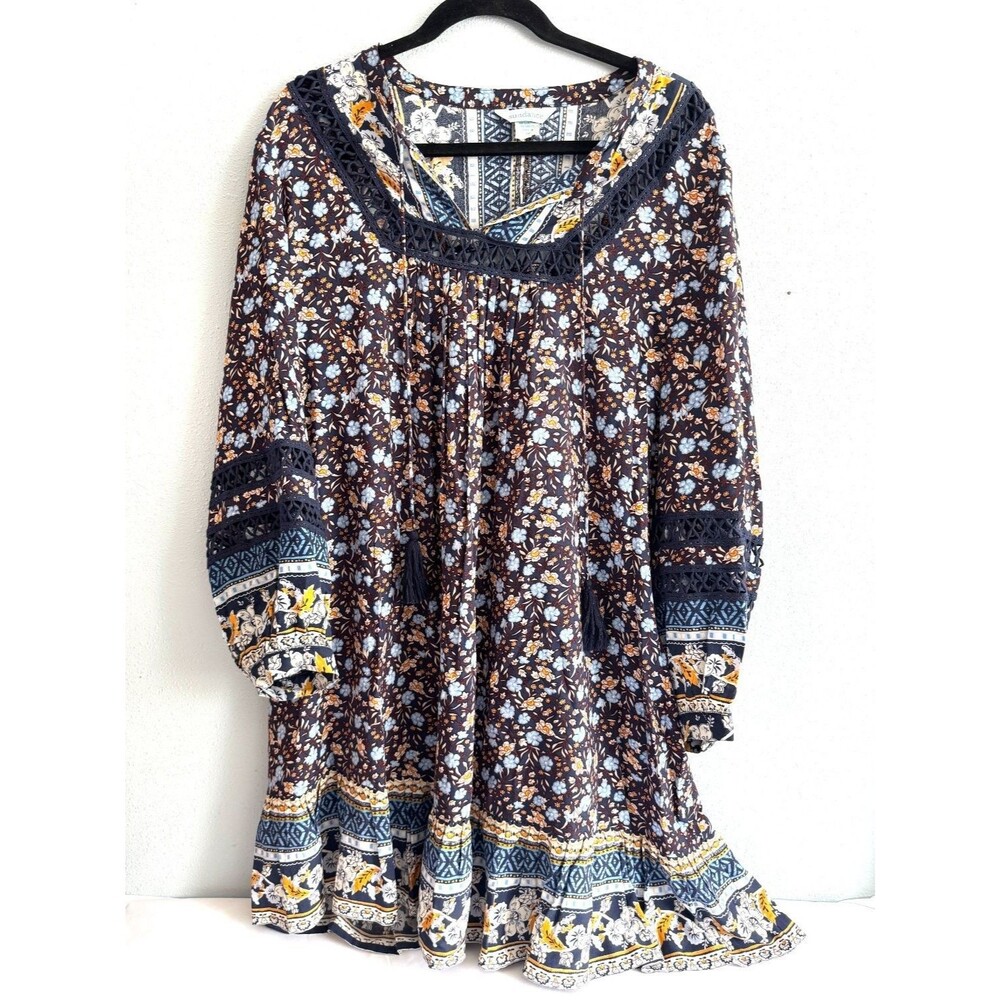 Sundance Floral Boho Tunic Dress Womens XL Navy Blue Cotton Crochet Lace Tassels